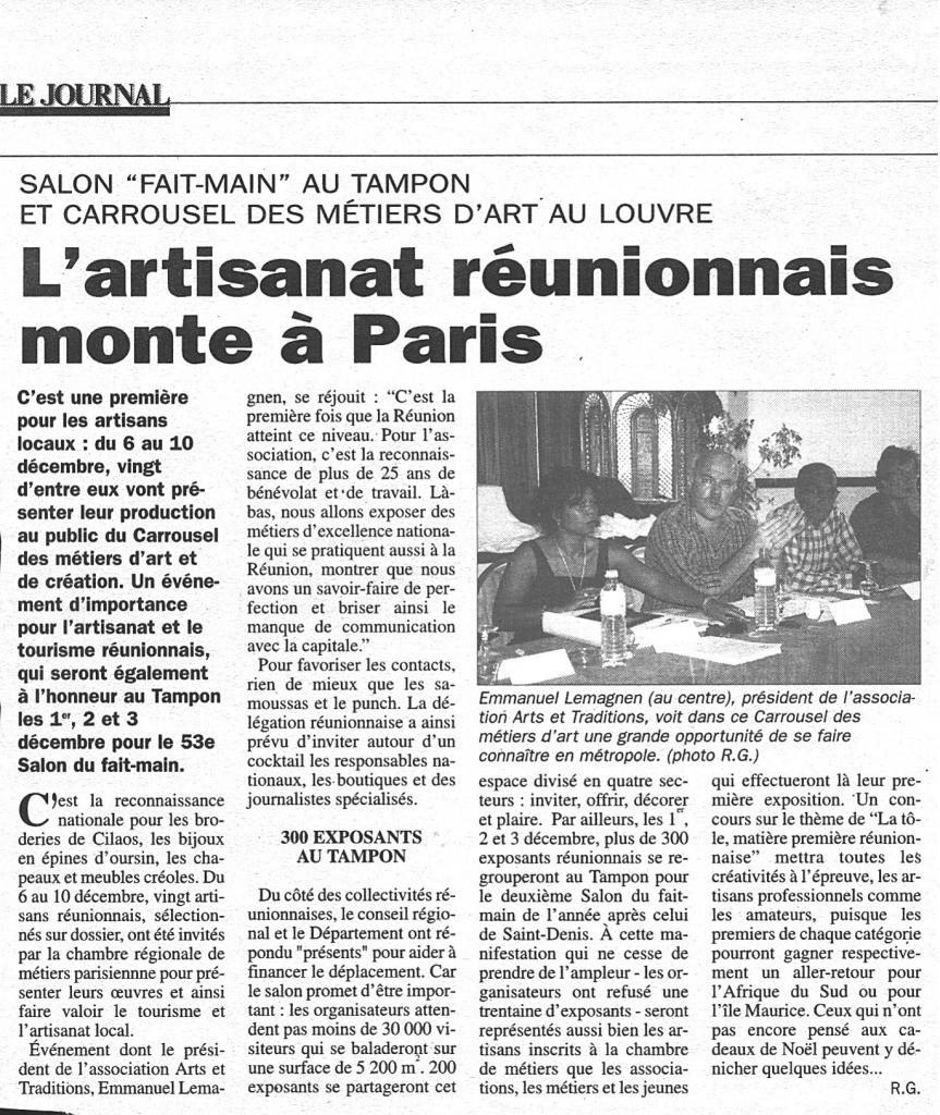 Article du journal de l'Ile de la Réunion Décembre 1999